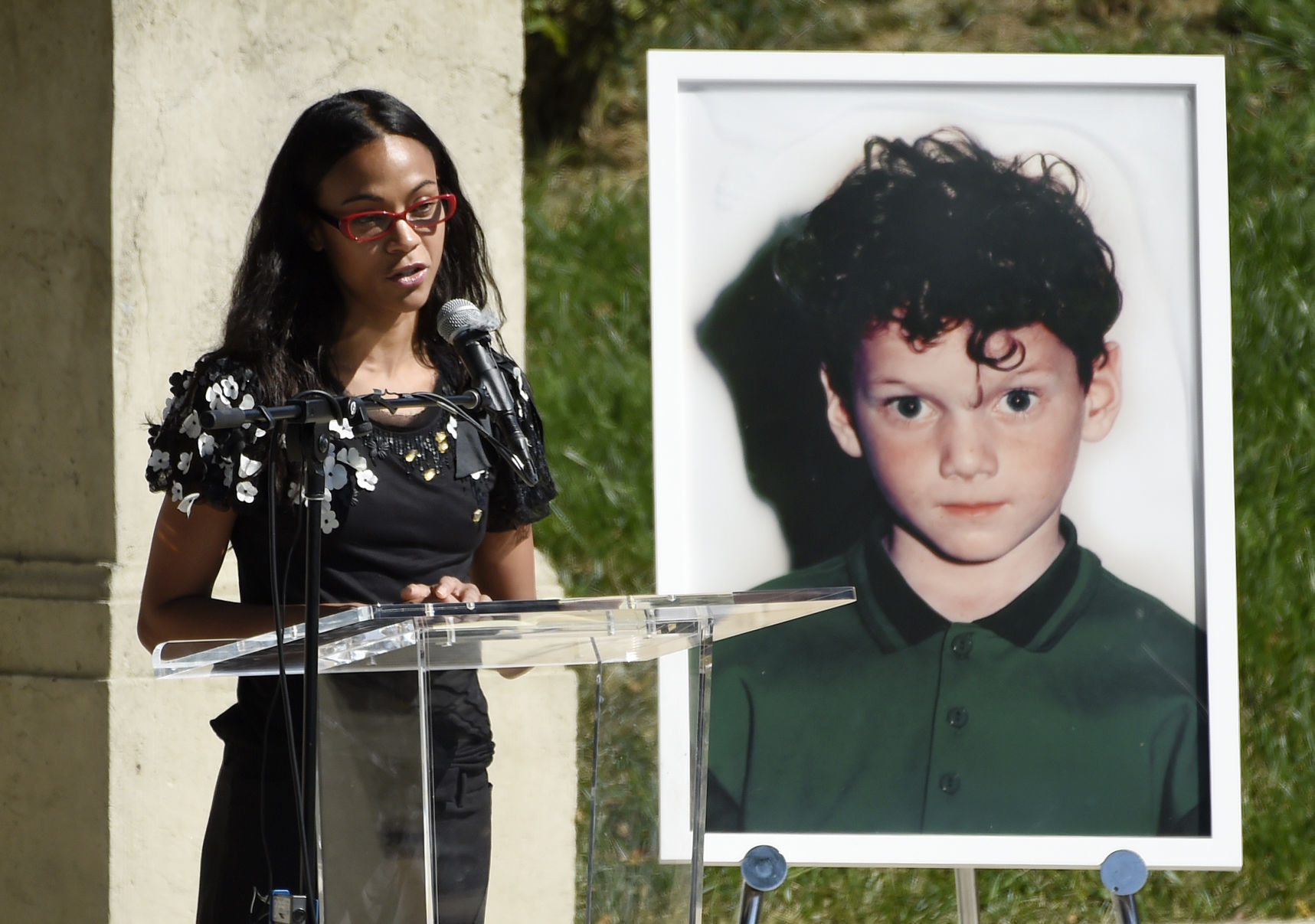 <p>Actress Zoe Saldana addresses guests at a life celebration and sta...